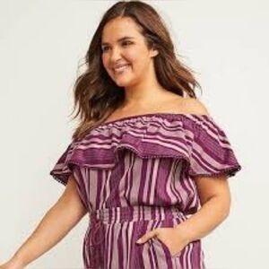 Lane Bryant Matching Off The Shoulder Purple & Pink Striped Top and Shor…